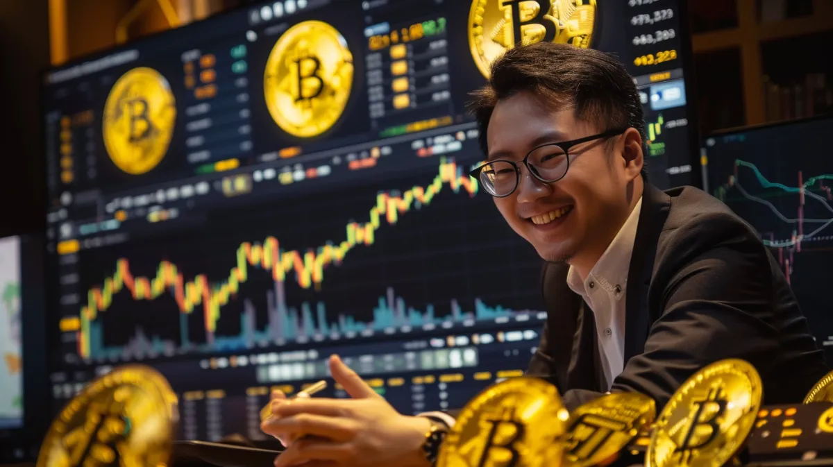ビットコインチャートを見てほほ笑む男性
