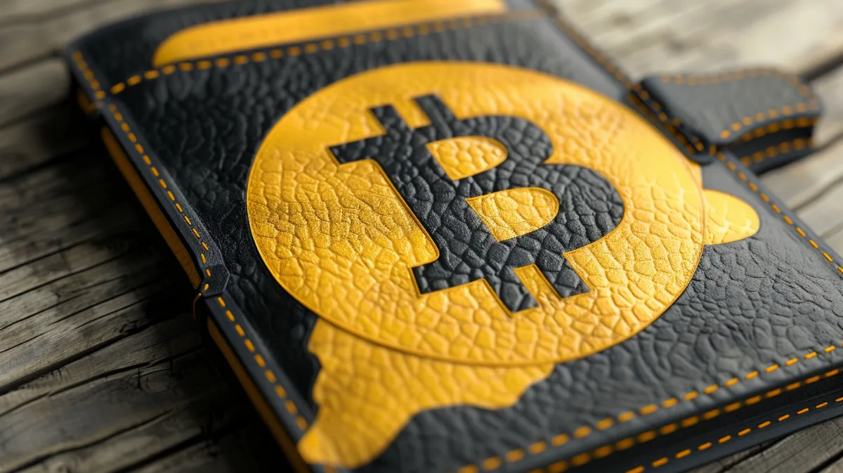 革製の仮想通貨ウォレットに刻印されたビットコインロゴ