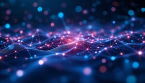 AIのニューラルネットワークとブロックチェーンのノードが融合する抽象的なイメージ
