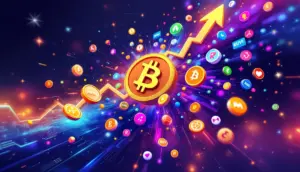 ビットコインのチャート上昇に続いて様々なアルトコインのシンボルが活気づく様子を示すイラスト