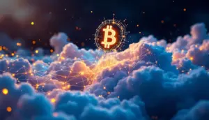 ネットワークラインが光るデジタル空間で上昇するビットコインのシンボル