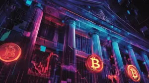 承認を待つ様々な仮想通貨シンボルと規制当局の建物をイメージした抽象画
