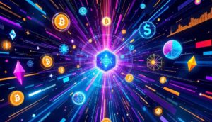 仮想通貨、AI、規制、SUBBDが交差する未来的なイメージ