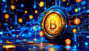安全な仮想通貨ウォレットとセキュリティを示す未来的なイメージ