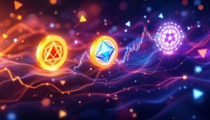 今週注目すべき仮想通貨Mantra、Memecoin、Solaxyの動向を示す抽象的なチャートとアイコン