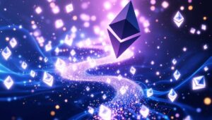 大量のイーサリアムロゴが取引所のアイコンに向かって流れる抽象的なデジタルイラスト