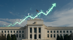 米連邦準備制度理事会（FRB）の建物とその前で上昇するビットコインとアルトコインのチャート