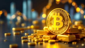 輝く金の延べ棒とビットコインのシンボル