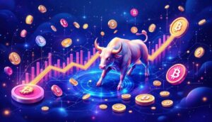 長期的な仮想通貨投資の成長を示す未来的なイラスト