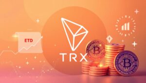 ステーキング報酬を示すアイコンとETF書類が統合されたトロン（TRX）のロゴ