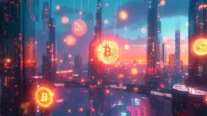仮想通貨とブロックチェーンが成長する未来都市のイメージ