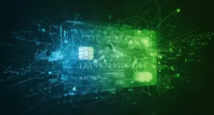 クレジットカードが浮かぶデジタル空間の抽象画像