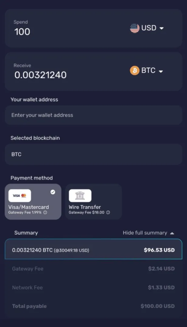 クレジットカード決済による仮想通貨の購入手続き完了