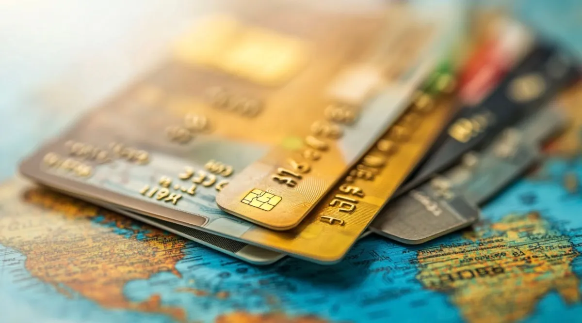 世界地図の上に乱雑に置かれた複数のクレジットカード