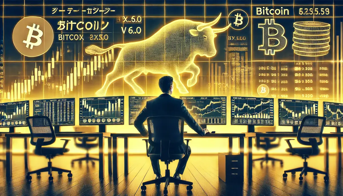 日本のマーケットアナリストがビットコイン価格を分析し、背景にブルのシルエットが浮かぶ