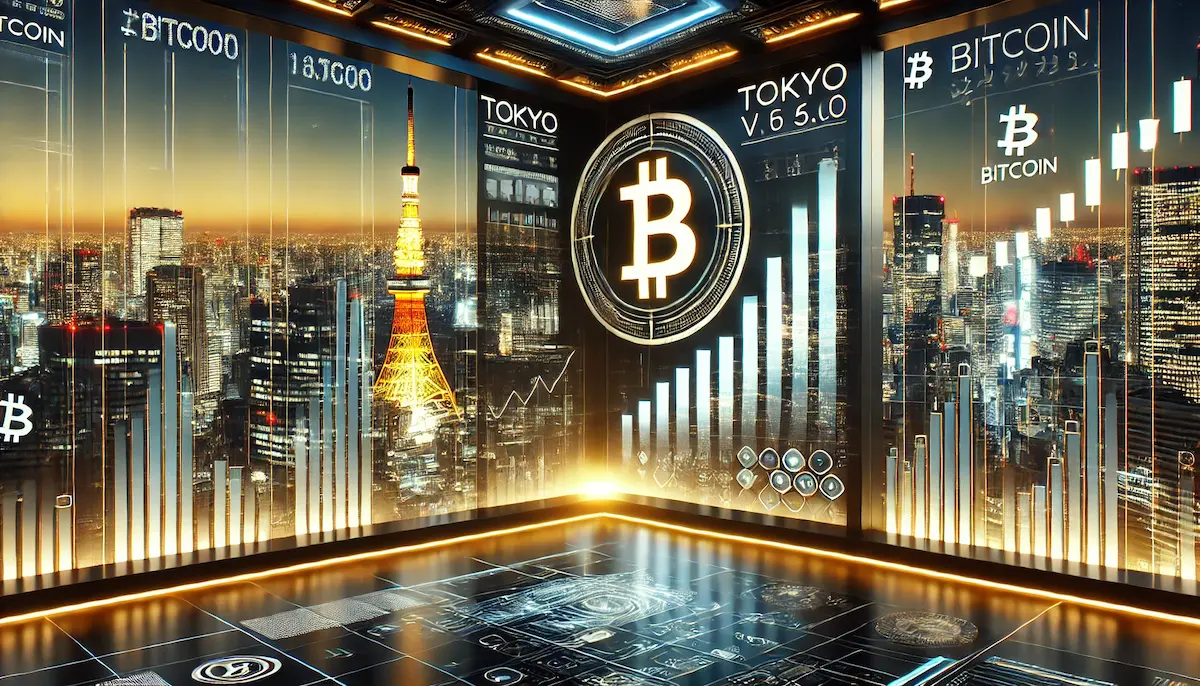 未来的な東京のトレーディングフロアにビットコインシンボルと上昇するブルマーケットチャート