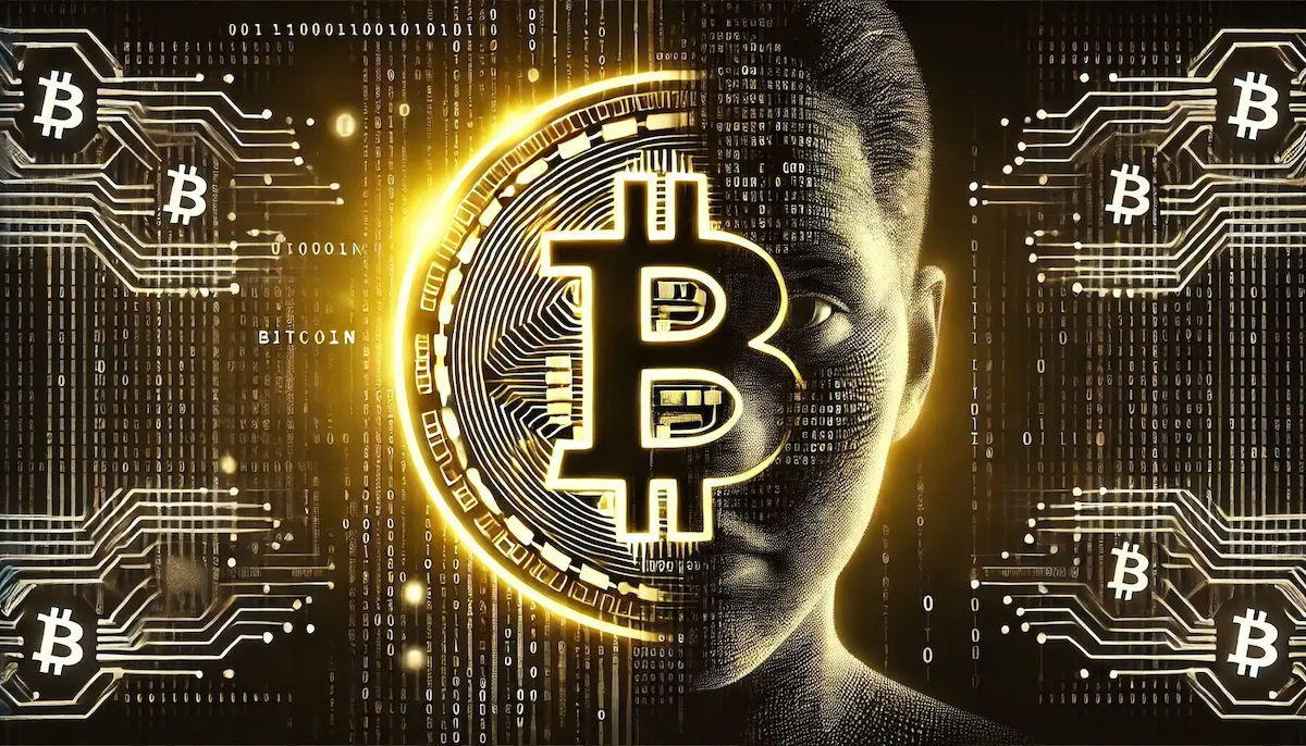 半分隠れた顔とビットコインロゴ