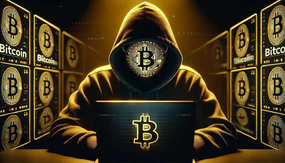 ーディをかぶった匿名の人物とビットコインの反射