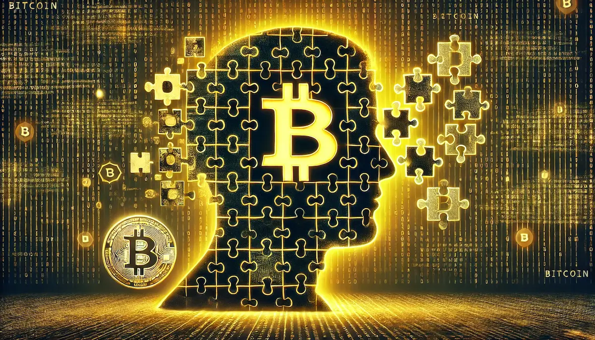 暗号のパズルピースが人の横顔を形成し、近くにビットコインロゴがある