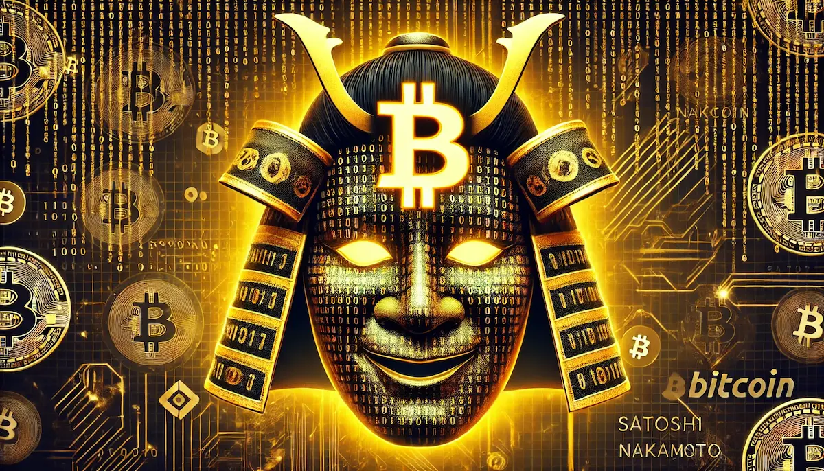 イナリコードの質感を持つ和風マスクと額にビットコインシンボル