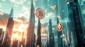 近未来都市の上空に出現したビットコインやイーサリアムなどの仮装通過