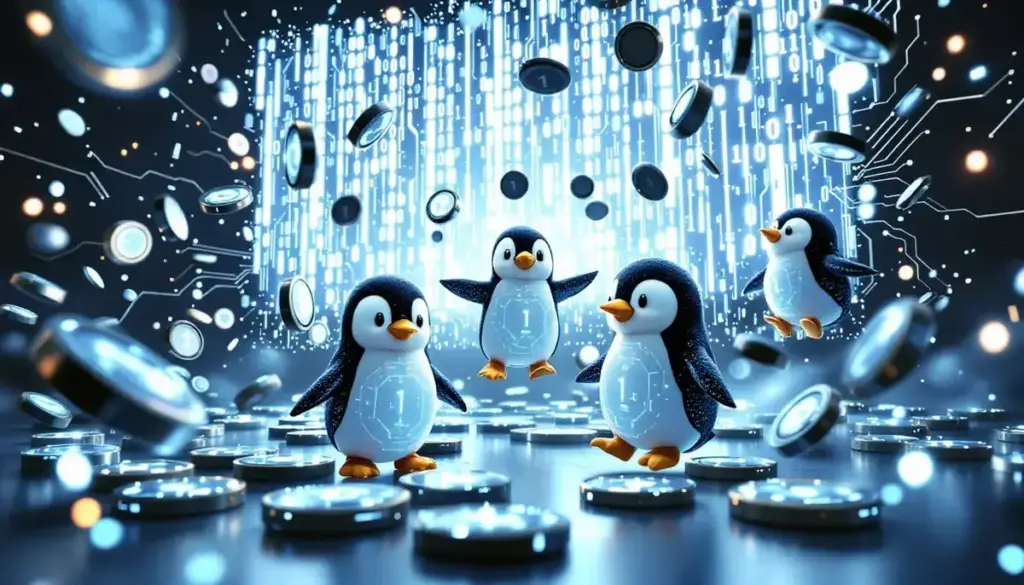 未来的なデジタルコインとAI要素、ペンギンのマスコットが描かれた暗号資産のイメージ