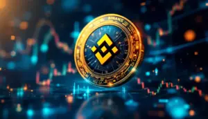 バイナンスコイン（BNB）のロゴと仮想通貨市場の上昇を示す抽象的なイメージ