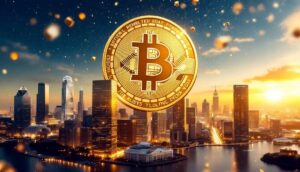 デジタル都市の背景に浮かぶビットコインを描いた未来的なイメージ