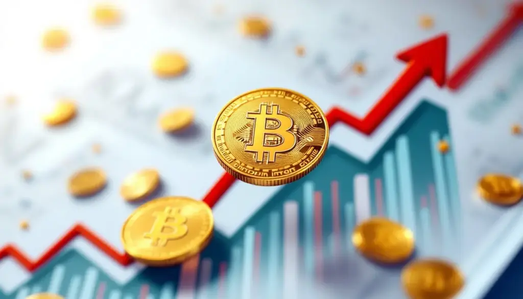 上昇トレンドを示すチャートの上に浮かぶビットコインのイメージ