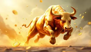 BTC Bull Tokenを象徴する黄金のブルが疾走するイメージ