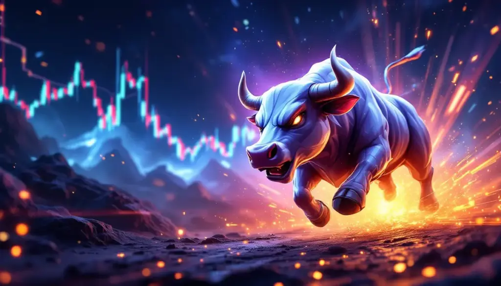 BTC Bull Tokenを象徴する雄牛がビットコインチャートとともにデジタル空間を突進するアイキャッチ画像