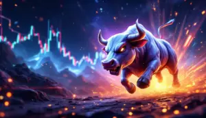 BTC Bull Tokenを象徴する雄牛がビットコインチャートとともにデジタル空間を突進するアイキャッチ画像