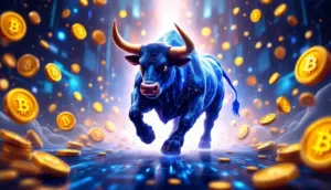 BTC Bull Tokenが仮想通貨市場で急騰する様子を表現したデジタルアート