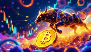 ビットコインと連動するゴールドのブルが仮想通貨市場を駆け上がるダイナミックなイラスト