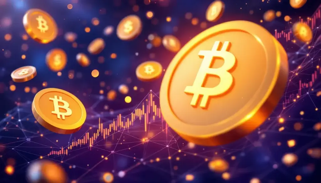 上昇する仮想通貨チャートと複数の暗号資産コインが表示された未来的なデジタル空間