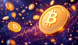 上昇する仮想通貨チャートと複数の暗号資産コインが表示された未来的なデジタル空間