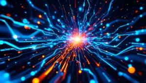 ビットコインとイーサリアムを象徴する光る線が中央のノードに流れ込む抽象的なデジタルアート