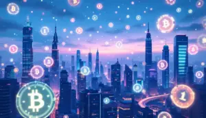 近未来都市を背景に浮かぶ抽象的な仮想通貨トークンのイメージ