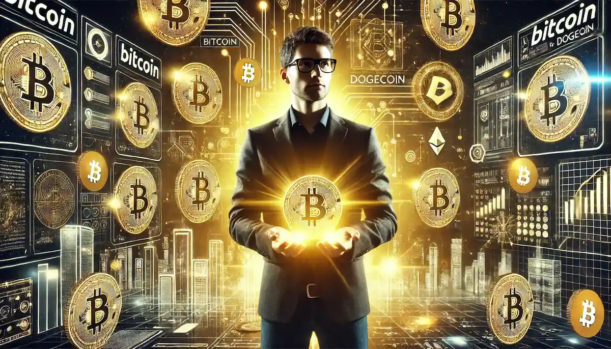 ビットコインを持つメガネの男性