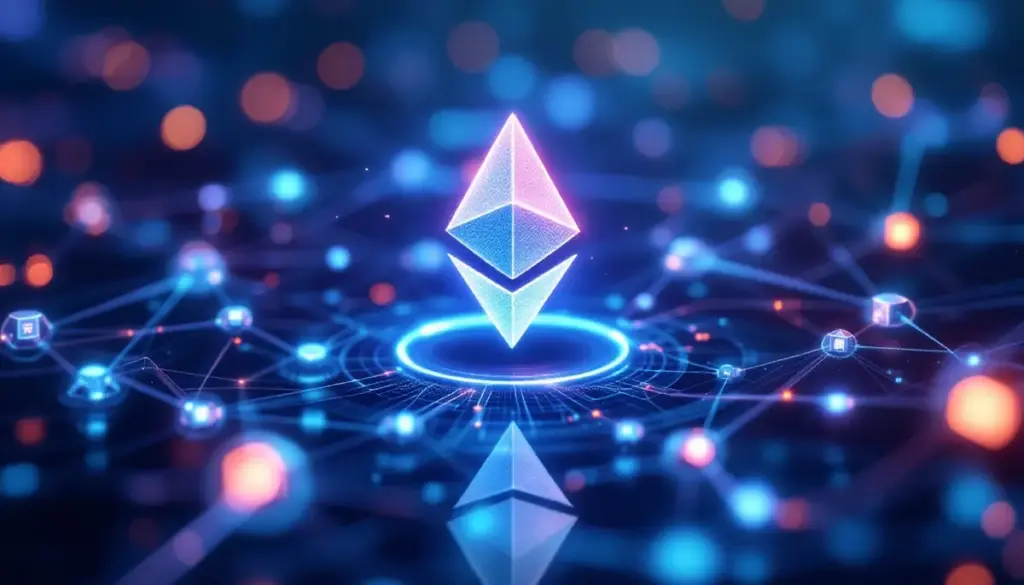 イーサリアムの拡張性向上を象徴する未来的なブロックチェーンネットワークのイメージ