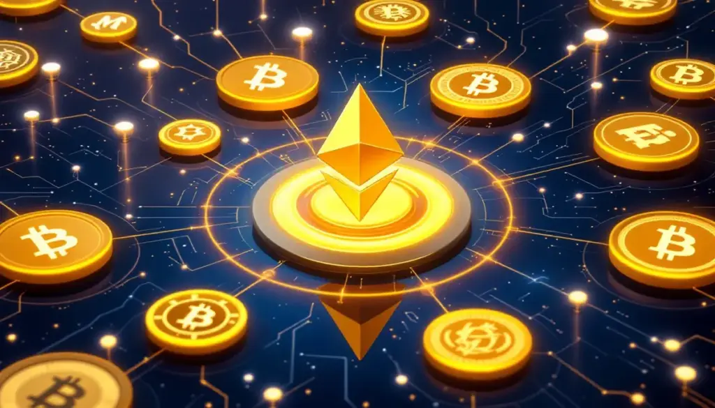 中央に光るイーサリアムのシンボルと複数の仮想通貨コインが未来的なネットワーク空間に並ぶ様子