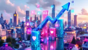 ヨーロッパの都市を背景にしたデジタルな株式取引とブロックチェーンのイメージ