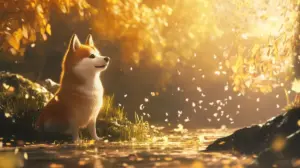 DOGECOIN風の柴犬が太陽を浴びている