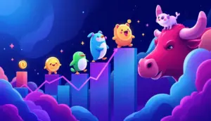 2025年5月に注目されるミームコインとBTCブル・トークン（BTCBULL）の成長可能性を示すグラフとキャラクターのイラスト