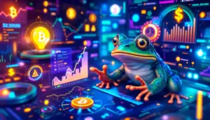 MIND of Pepe （MIND） ミームコインとAI技術の融合を示すイメージ画像。ペペがAIインターフェースを操作している。