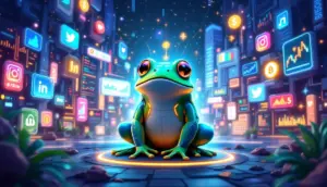 AIとミームコイン文化が融合したMIND of Pepeを象徴する未来的なイラスト