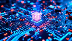 AI処理チップとデータセンターサーバーを表現した未来的な回路基板