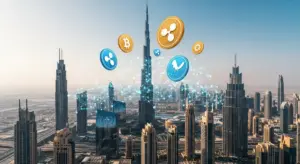ドバイの現代的な高層ビル群とデジタルブロックチェーンネットワークのイメージ