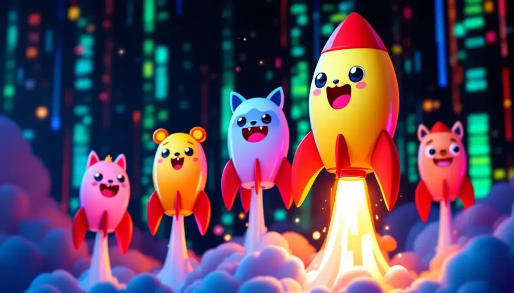 ソラナ系ミームコインのロゴや動物キャラクターが急上昇するイメージイラスト