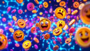 ミームキャラクターが描かれたコインがソラナのブロックチェーン上を飛び交うイメージ画像